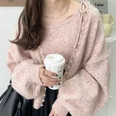 パール付きニットカーディガンリボン付きニットキャミソールアンサンブル