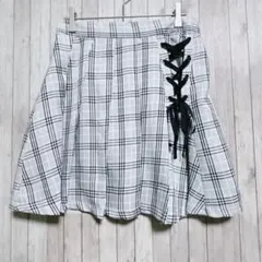 あ*ね様 チェック柄ミニ丈フレアスカート サイドリボン ウエストゴム　裏地あり