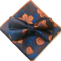 蝶ネクタイ・ポケットチーフ オレンジ 花柄 挙式 新郎 無地 人気 Lx