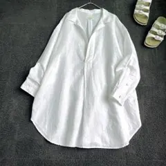 【Ungrid】美品　オーバーサイズ スキッパーシャツ 白 麻混 リネンブレンドのサムネイル