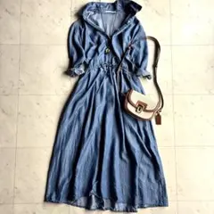 KBF ケービーエフ デニム風七分袖ロングシャツワンピース フリー ブルー