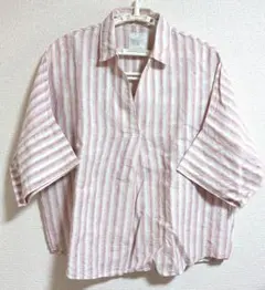 グリーンレーベルリラクシング リネン スキッパーシャツ ピンクストライプ　F