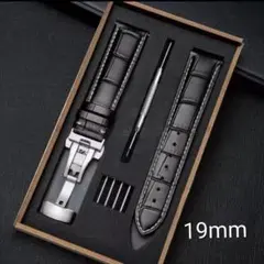 新品未使用☆クロコ型押し時計ベルト Dバックル ブラック 白ステッチ 19㎜