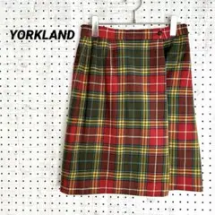 ヨークランド チェック柄 ウールスカート（M）膝丈 タータンチェック レッド系