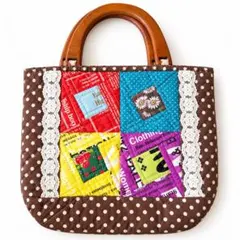 ハンドメイド トートバッグ パッチワーク 木製ハンドル