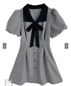 GRL 配色リボン千鳥柄パフスリーブミニワンピース