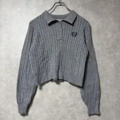 ems グレー リブ編み ポロシャツ 長袖 胸ロゴ ニット