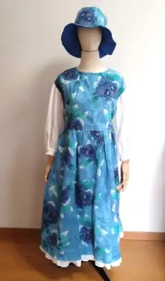浴衣リメイク　ふんわり袖ワンピース　帽子付き　反物　綿