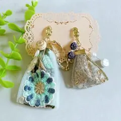 #1 ハンドメイド 大ぶり インド刺繍 結婚式 ゴールド イヤリング ピアス