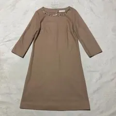 【匿名配送】自由区 ウール ビジュー 長袖ワンピース ベージュ 42サイズ