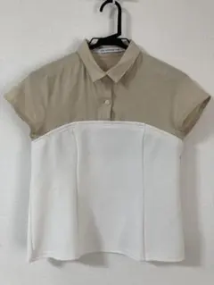 【美品】ベージュ×白　ドッキングビスチェブラウス　Sのサムネイル