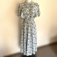 mily bilet 花柄　フリル袖 ブルーグレー　ロングワンピース M 上品