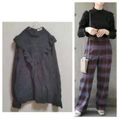 ships any　コットンピーチ ヨーク ラッフル フリル ブラウス　ブラック