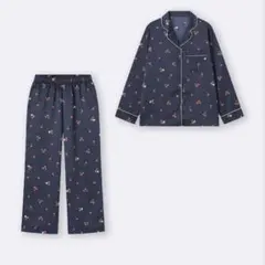 GU サテンパジャマ(長袖&ロングパンツ)(チェリー) ネイビー