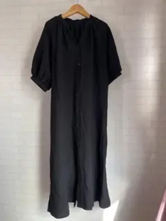 ブラック 半袖 シャツワンピース ロング丈