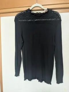 GUリブ編み長袖トップス 黒 レース付き