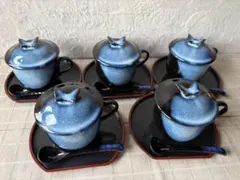 茶碗蒸し椀　5客セット　蝶　スプーン　皿　コーヒーカップ
