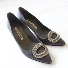 MANOLO BLAHNIK サテンパンプス 23.5cm ネイビー ビジュー