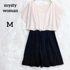 mysty woman 切替ワンピース『M』 ドット ベージュ×黒 フレアのサムネイル