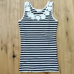 花刺繍付き 白黒 ボーダー ストライプ タンクトップ