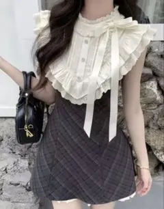 フリル襟チェック柄ノースリーブワンピース