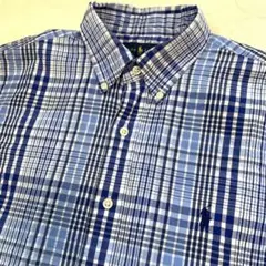 【美品】RALPH LAUREN シアサッカー 半袖チェックシャツ ブルーメンズ