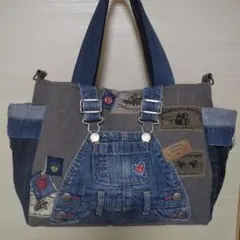 デニムリメイクバッグ　オーバーオール　ハンドメイドバッグ