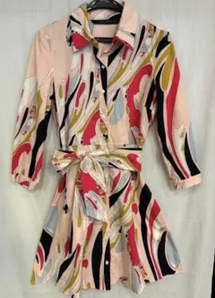 ZARA抽象模様の長袖コットンシャツワンピース