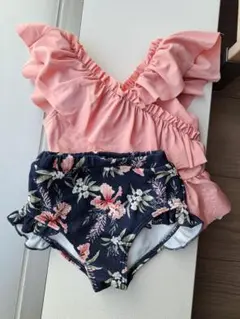 プチマイン110cm水着　ピンクフリル＆花柄ショーツセット