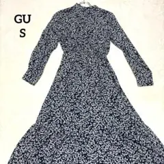 ジーユー　ロングワンピース　ティアード　小花柄　スタンドカラー　上品　紺白　S