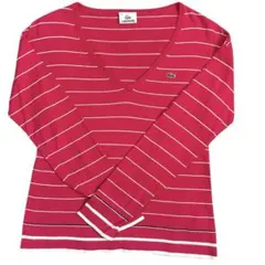 LACOSTE ラコステ Vネック ボーダー 長袖カットソー ピンク 40