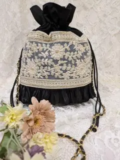 インド刺繍　巾着バッグ　サコッシュ　73