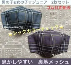 ジュニア　マスク　小学生　女の子　男の子　子ども　チェック　パープル　青緑　2枚のサムネイル