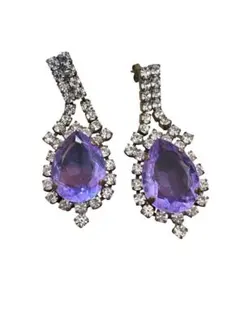 《未使用》ヴィンテージ風パープル ティアドロップ 大ぶりピアス ラインストーン