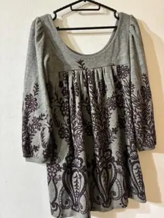 グレー 花柄プリント バルーンスリーブ チュニック