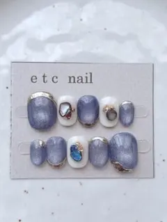 No.499ベリーショート　ネイルチップ ブルー　ホワイト　マグネット　冬ネイル