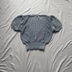 vintage ビーズ刺繍 水色半袖ニット バルーン袖 昭和レトロ ショート丈