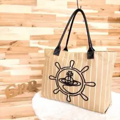 【ヴィヴィアンウエストウッド】オーブ ロゴ ストライプ トートバッグ ベージュ