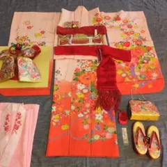 七五三　７歳　花柄　正絹　友禅　着物　フルセット ピンクオレンジ　古典柄　女の子のサムネイル