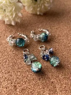 クラックガラスとフラワービーズのイヤーカフ2way 【SA46】