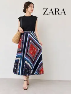ZARAスカーフ柄 プリーツロングスカート マリン調 Sのサムネイル