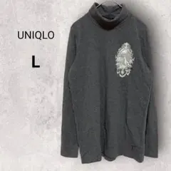 ユニクロ タートルネックトップス L グレー プリント 長袖 綿混 春秋