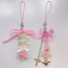リボン パール ピンク チャーム ビーズキーホルダー 2点セット
