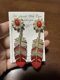 ヴィンテージ風 フェザーピアス 赤ストーン エスニック ゴールド