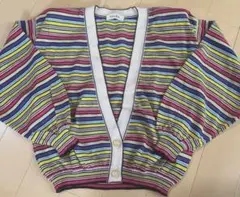 多色マルチボーダー Vネック麻カーディガン レトロヴィンテージ80s90sリネン