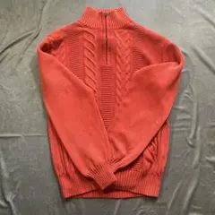 ハーフジップ ケーブルニット レッド M コットン セーター メンズ 古着