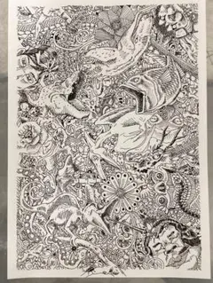 動物と自然の細密ペン画 A4