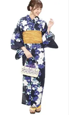 ネイビー花柄浴衣・帯セット