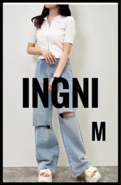 INGNI 襟付フロントジップ　半袖　ニット　カーディガン　オフホワイト　Mのサムネイル