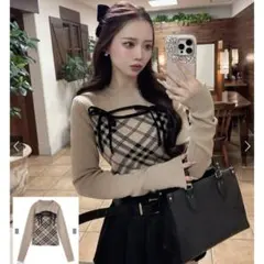 チェック柄フロントオープンリボンニットトップス[ru1374] L